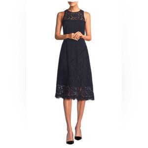 NWT. Aidan Mattox Lace- Trimmed Crepe Midi Dress in Navy